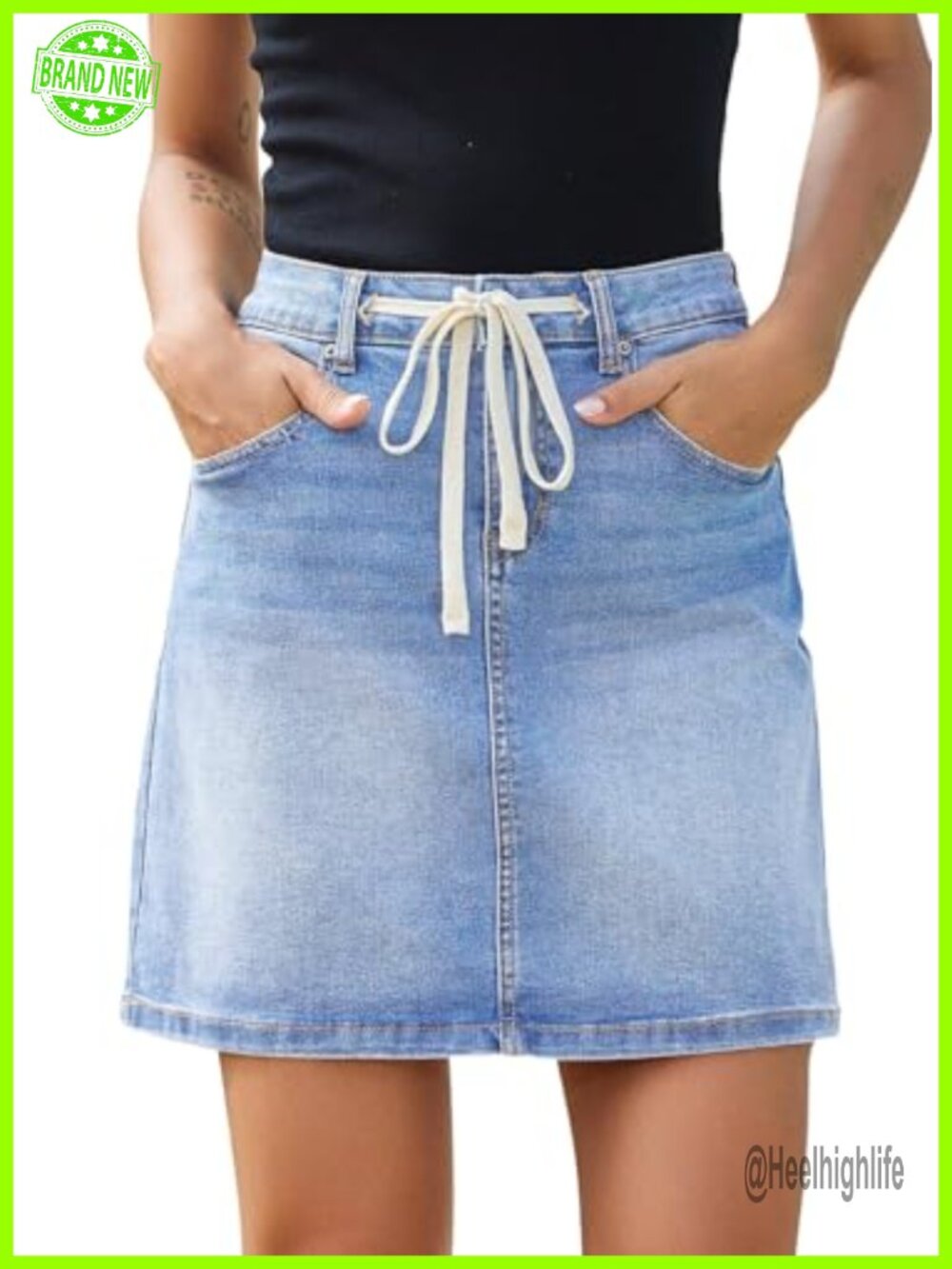 High Waist Drawstring Denim Mini Skirt Stretchy Loose Fit Summer Jean Skirt
